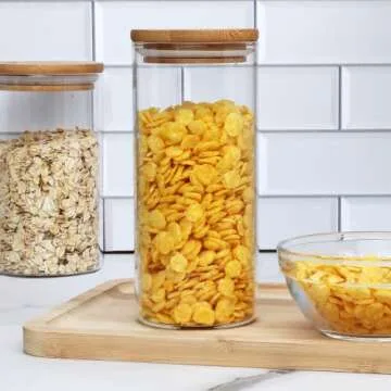 Encheng Glass Storage Containers with Bamboo Lids,15 OZ Glass Food Storage Jars with Airtight Lids,450ML Clear Kitchen Canister Food Jars for Pantry,Spice,Nuts,Oatmeal,Coffee,9 Pack