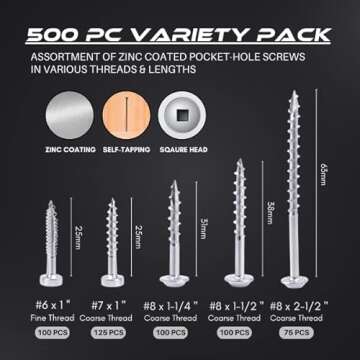 Massca Wood Screws Assortment Kit - Pocket Hole Screws with Plastic Storage Box, 500 Set Screw Assor...