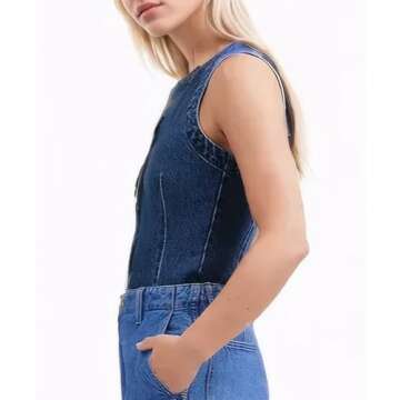 D-Sun Women Denim Vest Sleeveless Crewneck Button Down Jean Waistcoat Casual Front Slit Slim Denim T...