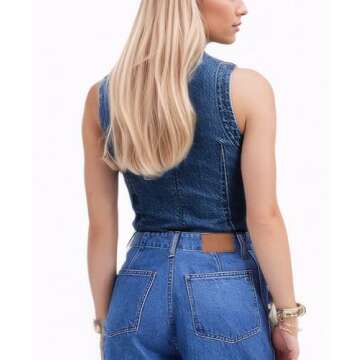 D-Sun Women Denim Vest Sleeveless Crewneck Button Down Jean Waistcoat Casual Front Slit Slim Denim Tank Top