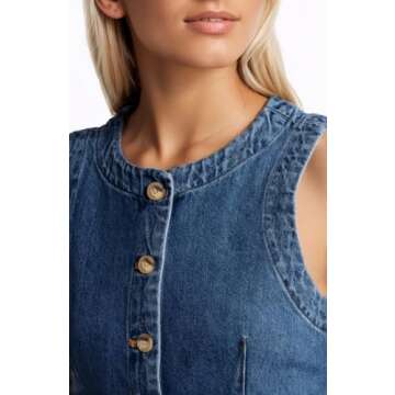 D-Sun Women Denim Vest Sleeveless Crewneck Button Down Jean Waistcoat Casual Front Slit Slim Denim Tank Top