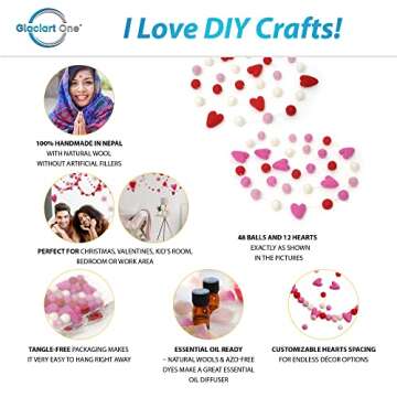 Glaciart One Pom Pom Garland (2 Pcs)- Wool Felt Ball Garland - 2 x 7 Feet, 24 Balls, 6 Hearts, Valen...