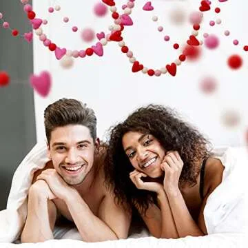 Glaciart One Pom Pom Garland (2 Pcs)- Wool Felt Ball Garland - 2 x 7 Feet, 24 Balls, 6 Hearts, Valentine Colors, Nursery Decor, Bunting, Birthday Party Decorations, Photo Prop