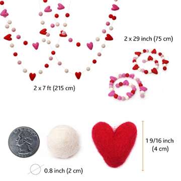 Glaciart One Pom Pom Garland (2 Pcs)- Wool Felt Ball Garland - 2 x 7 Feet, 24 Balls, 6 Hearts, Valentine Colors, Nursery Decor, Bunting, Birthday Party Decorations, Photo Prop