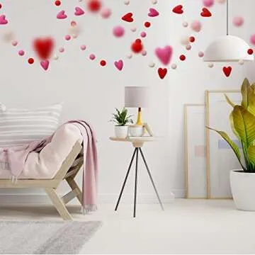 Glaciart One Pom Pom Garland (2 Pcs)- Wool Felt Ball Garland - 2 x 7 Feet, 24 Balls, 6 Hearts, Valentine Colors, Nursery Decor, Bunting, Birthday Party Decorations, Photo Prop