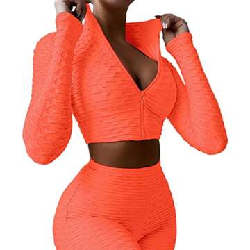 Dgebou Workout 2 Piece Outfits for Women, Sport Long Sleeve Crop Tops and High Waist Bodycon Yoga Shorts Set Tracksuit