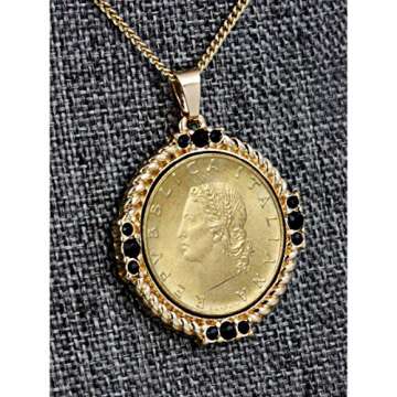 American Coin Treasures Italian 20 Lira Coin Pendant Necklace - Italian 20 Lire Goldtone Pendant wit...