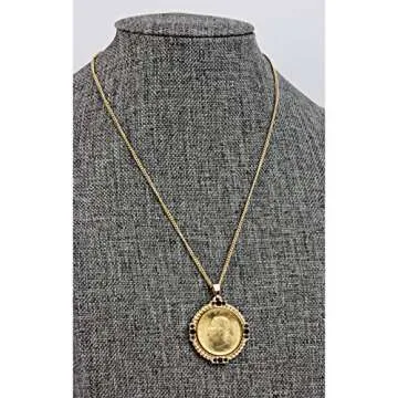 American Coin Treasures Italian 20 Lira Coin Pendant Necklace - Italian 20 Lire Goldtone Pendant with Faceted Round Jet Glass Stones| Italian Medallion Pendant