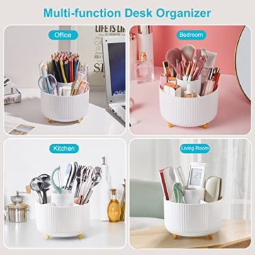 Lolocor Desk Pencil Pen Holder, 5 Slots 360 Degree Rotating Desk Pen Organizers for Desk Desktop Storage Stationery Supplies Cup Pot for Office School Home Art Supply White