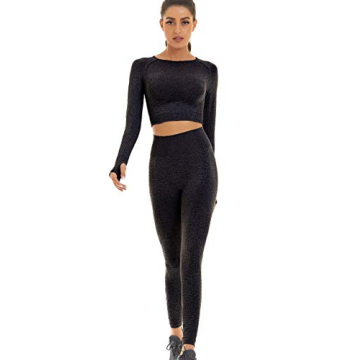 Toplook Women Seamless Workout Outfits Athletic Set Leggings + Long Sleeve Top 2 Pieces(Black, Mediu...