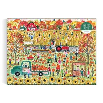 Galison Pumpkin Patch – 1000 Piece Michael Storrings Jigsaw Puzzle Featuring Beautiful Artwork of A Pumpkin Patch During A Fall Day