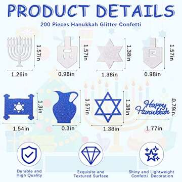 200 Pieces Glitter Hanukkah Holiday Confetti Jewish Confetti Menorah Star Shape Hanukkah Cutouts Blu...