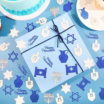 200 Pieces Glitter Hanukkah Holiday Confetti Jewish Confetti Menorah Star Shape Hanukkah Cutouts Blue and Silver Paper Hanukkah Decorations Hanukkah Ornament Christmas Tree Topper Decor, 8 Styles
