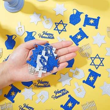 200 Pieces Glitter Hanukkah Holiday Confetti Jewish Confetti Menorah Star Shape Hanukkah Cutouts Blue and Silver Paper Hanukkah Decorations Hanukkah Ornament Christmas Tree Topper Decor, 8 Styles