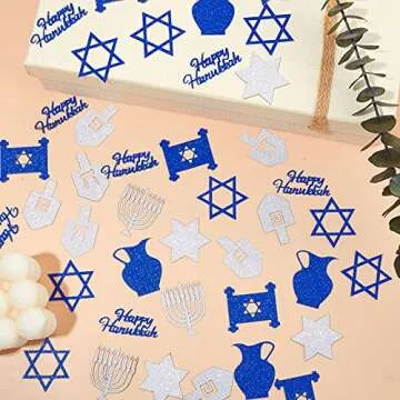 200 Pieces Glitter Hanukkah Holiday Confetti Jewish Confetti Menorah Star Shape Hanukkah Cutouts Blue and Silver Paper Hanukkah Decorations Hanukkah Ornament Christmas Tree Topper Decor, 8 Styles