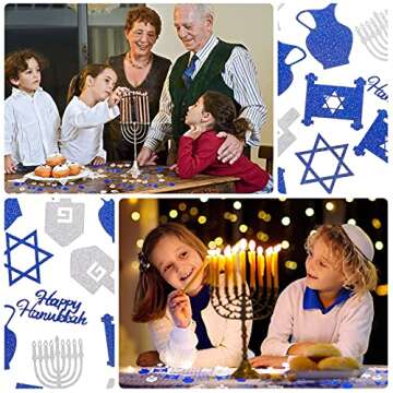 200 Pieces Glitter Hanukkah Holiday Confetti Jewish Confetti Menorah Star Shape Hanukkah Cutouts Blue and Silver Paper Hanukkah Decorations Hanukkah Ornament Christmas Tree Topper Decor, 8 Styles