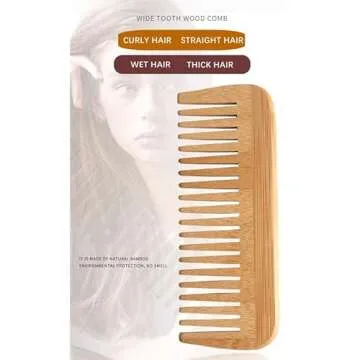 Mnixy Bamboo Wide-Tooth Comb, Large Hair Detangling Comb, Wooden Curls Comb, Anti Static for Long Hair, Natural Material, Well Made, For All Hair Types, No Handle Design, Travel Friendly
