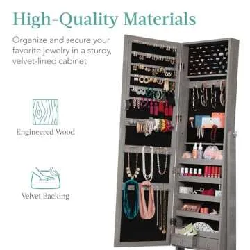 Best Choice Products Freestanding Jewelry Armoire Cabinet, Full Length Standing Mirror, Lockable Makeup Storage Organizer, w/Velvet Lining, 3 Angles, Lock, Accessory Pouch, 5 Shelves - Gray Oak
