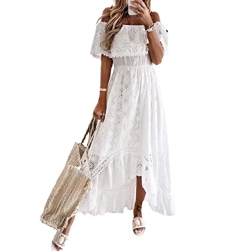 Boho Summer Dresses for Women, Off The Shoudler Floral Lace Up Beach Dress High Waist Long Maxi Dres...