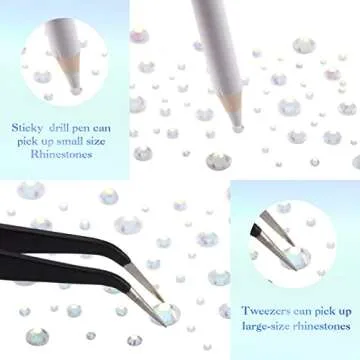 2000 Pieces Flat Back Gems Rhinestones 6 Sizes (1.5-6 Mm) Round Crystal Rhinestones with Pick up Tweezer and Rhinestones Picking Pen for Crafts Nail Clothes Shoes Bags DIY Art (White)