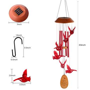 Red Cardinal Gifts for Women Grandma Solar Cardinal Wind Chimes for Mothers Day Decorations Cardinal Memorial Gifts for mom Garden Hook Hummingbird Solar Wind Chimes Outdoor