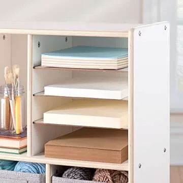 Guidecraft EdQ Shelves and 10 Bin Storage Unit- White: Display Shelf Storage Organizer for Home, School and Office; Wooden Book Cubby and Toy Shelf