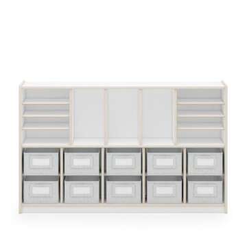 Guidecraft EdQ Shelves and 10 Bin Storage Unit- White: Display Shelf Storage Organizer for Home, School and Office; Wooden Book Cubby and Toy Shelf