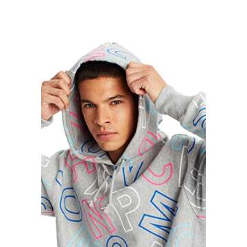 Champion Sweatshirt Reverse Weave, Hoodie for Mens, Multiple Graphics, Oxford Gray Heather/Word SOP C2-551280, Small