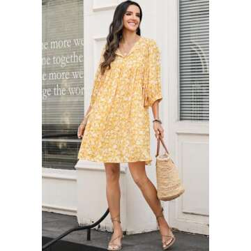 Dokotoo Women's Casual Dresses Bohemian Drawstring V Neck Quarter Sleeve Floral Print Boho Vacation Outfits for Women Beach Sundress Swing Flowy A Line Mini Tunic Short Dress Yellow Small