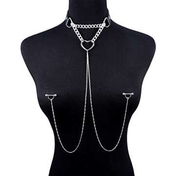 JFORYOU Nipple Ring with Choker Necklaces Stainless Steel Nipple Rings Chain Heart Punk Chokers for Women Nipple Barbell Piercing Jewelry