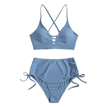 ZAFUL Women's Criss Cross High Waisted Bikini Cinched Tie Two Piece Tankini Solid Padded Swimsuit Li...
