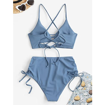 ZAFUL Women's Criss Cross High Waisted Bikini Cinched Tie Two Piece Tankini Solid Padded Swimsuit Light Blue 2XL