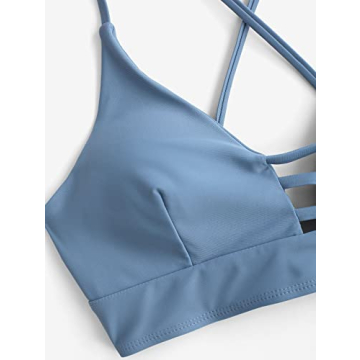ZAFUL Women's Criss Cross High Waisted Bikini Cinched Tie Two Piece Tankini Solid Padded Swimsuit Light Blue 2XL