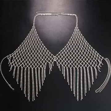 StoneFans Tassel Rhinestone Chest Chain Bra Body Jewelry for women Sexy Silver Bikini Bra Body Chains Underwear Party (Silver1)