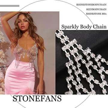 StoneFans Tassel Rhinestone Chest Chain Bra Body Jewelry for women Sexy Silver Bikini Bra Body Chains Underwear Party (Silver1)