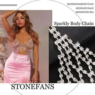 StoneFans Tassel Rhinestone Chest Chain Bra Body Jewelry for women Sexy Silver Bikini Bra Body Chains Underwear Party (Silver1)