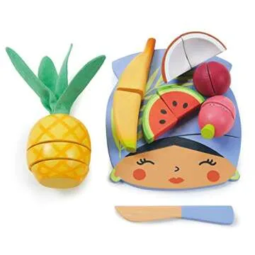 Tender Leaf Toys - Tropical Fruit Chopping Board - Wooden Play Food Set with 6 Choppable Fruits, Wood Knife and Illustrated Board - Improves Fine Motor Skills - Age 2+