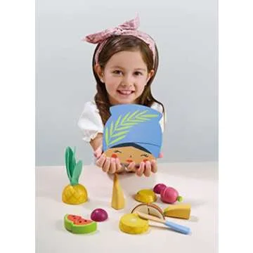 Tender Leaf Toys - Tropical Fruit Chopping Board - Wooden Play Food Set with 6 Choppable Fruits, Wood Knife and Illustrated Board - Improves Fine Motor Skills - Age 2+