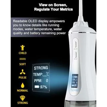 MySmile Powerful Cordless 350ML Water Dental Flosser Portable OLED Display Oral Irrigator with 5 Pressure Modes 8 Replaceable Jet Tips and Storage Bag for Home Travel Use (White)