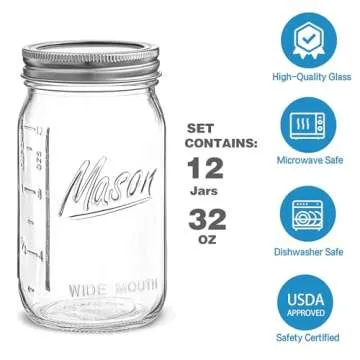 Wide Mouth Mason Jars 32 oz - 12 Pack Large Glass Mason Jars with Airtight Lids and Bands, 1 Quart M...