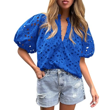 PRETTYGARDEN Women's Summer Tops Dressy Casual Short Lantern Sleeve V Neck Buttons Hollow Out Lace E...