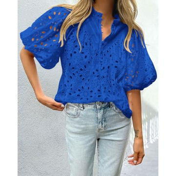 PRETTYGARDEN Women's Summer Tops Dressy Casual Short Lantern Sleeve V Neck Buttons Hollow Out Lace Embroidered Blouses Shirts (Blue,X-Large)