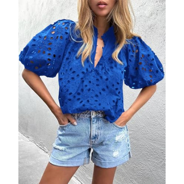 PRETTYGARDEN Women's Summer Tops Dressy Casual Short Lantern Sleeve V Neck Buttons Hollow Out Lace Embroidered Blouses Shirts (Blue,X-Large)