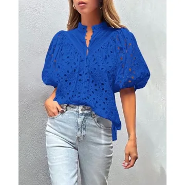 PRETTYGARDEN Women's Summer Tops Dressy Casual Short Lantern Sleeve V Neck Buttons Hollow Out Lace Embroidered Blouses Shirts (Blue,X-Large)