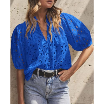 PRETTYGARDEN Women's Summer Tops Dressy Casual Short Lantern Sleeve V Neck Buttons Hollow Out Lace Embroidered Blouses Shirts (Blue,X-Large)