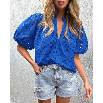 PRETTYGARDEN Women's Summer Tops Dressy Casual Short Lantern Sleeve V Neck Buttons Hollow Out Lace Embroidered Blouses Shirts (Blue,X-Large)