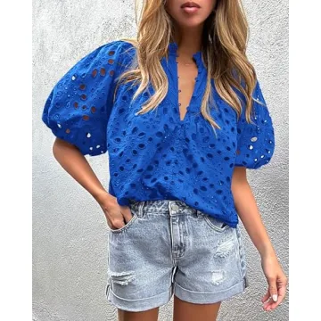 PRETTYGARDEN Women's Summer Tops Dressy Casual Short Lantern Sleeve V Neck Buttons Hollow Out Lace Embroidered Blouses Shirts (Blue,X-Large)