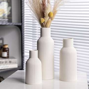 TrendEcoHome White Ceramic Vases Set of 3,Farmhouse Decor, Home Decor, Pampas Grass Vases for Kitche...