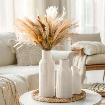 TrendEcoHome White Ceramic Vases Set of 3,Farmhouse Decor, Home Decor, Pampas Grass Vases for Kitchen, Bedroom, Office, Living Room, Bathroom, Wedding, Entryway, Table Centerpieces, Gifts Women Mom