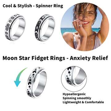 MUCAL Fidget Rings for Anxiety 8pcs Stainless Steel Spinner Ring Anti Spinning Moon Star Cool Stress...